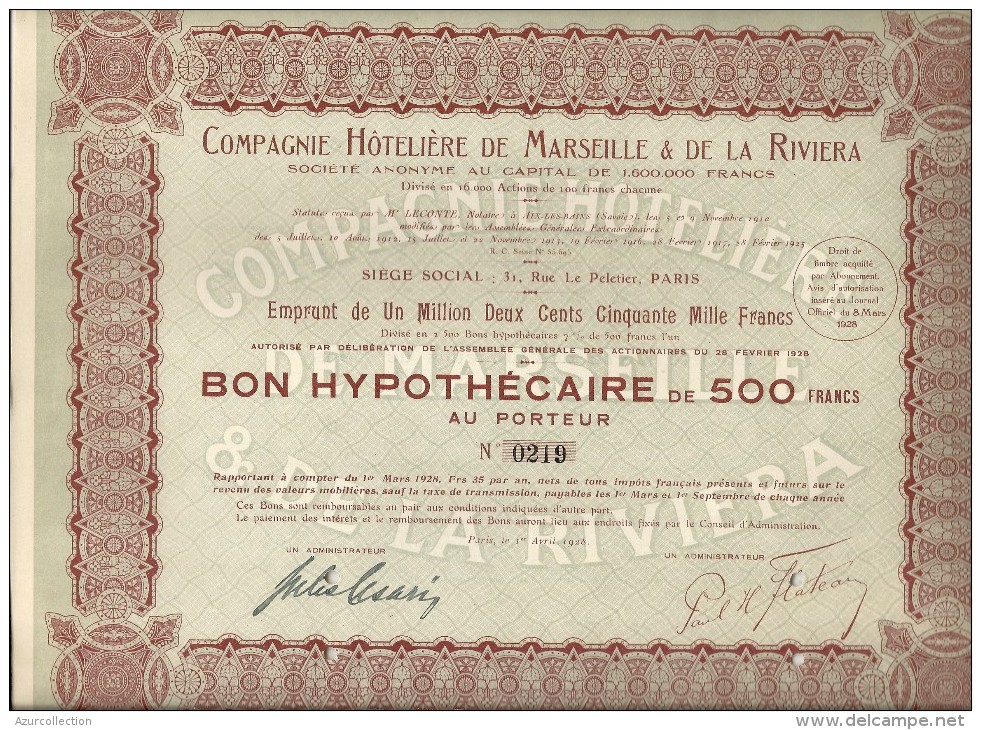 C. HOTELIERE DE MARSEILLE ET DE LA RIVIERA . 80FR - Tourisme