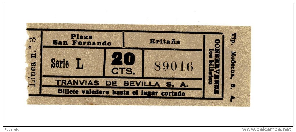 B5177 * Billete De Tranvia De Sevilla - Tickets - Entradas