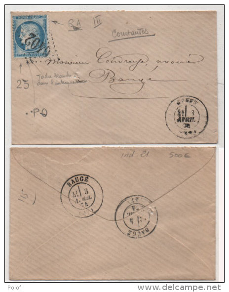 Enveloppe Adressée De CLEFS (49) GC 6402 (Indice 21)sur Yvert 60 I A BAUGE (Maine Et Loire) Trés Belles Variétés(76207) - 1871-1875 Cérès