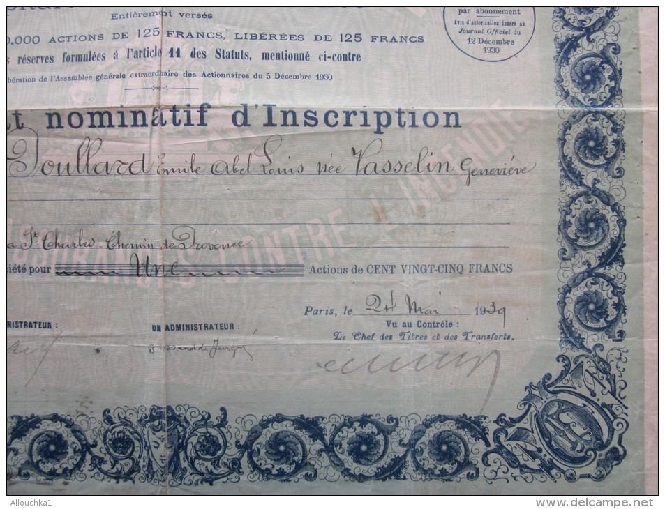 1939 ACTION Certificat Nominatif D'inscription  -La FONCIERE Cie Anonyme Assurances Contre L'incendie Capital 15 000 Fr. - Banque & Assurance