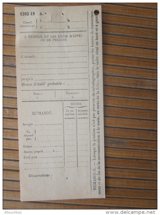 Fiche Congé SNCF N°1392-9B Circuit Avis D'appel  Préavis Message Position Par Calculographe H Commencement  Fin De Com - Gebührenstempel, Impoststempel