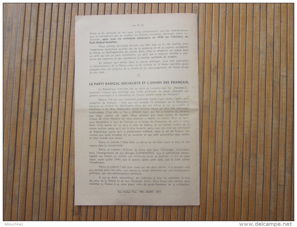 1944 TRACT Du Parti Républicain Radical-socialiste à Ses Militants Et à La Nation:résistance,relèvement  France,patrie - Historische Dokumente