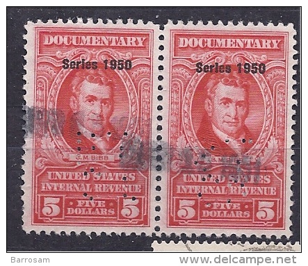 UnitedStates1950:DOCUMENTARY Stamps $5(used Perfin Pair) - Fiscali