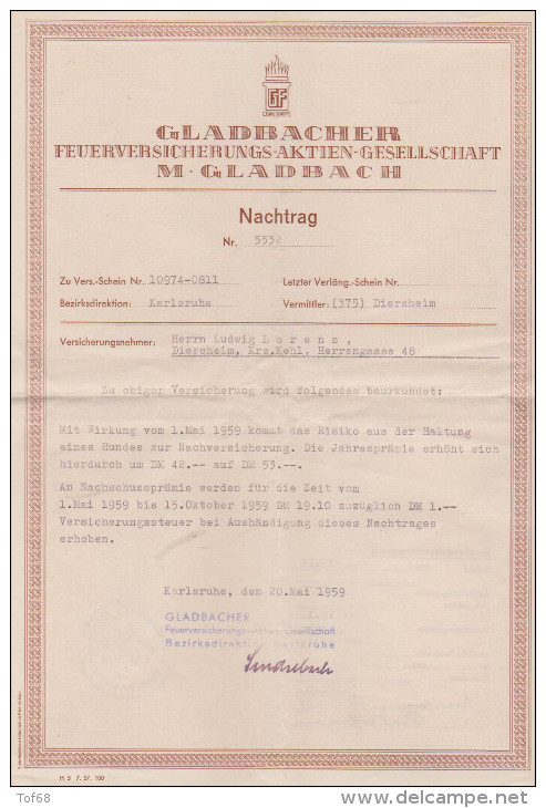 Karlsruhe 1959 Nachtrag Gladbacher Feuerversicherungs Aktien Gesellschaft - Banque & Assurance