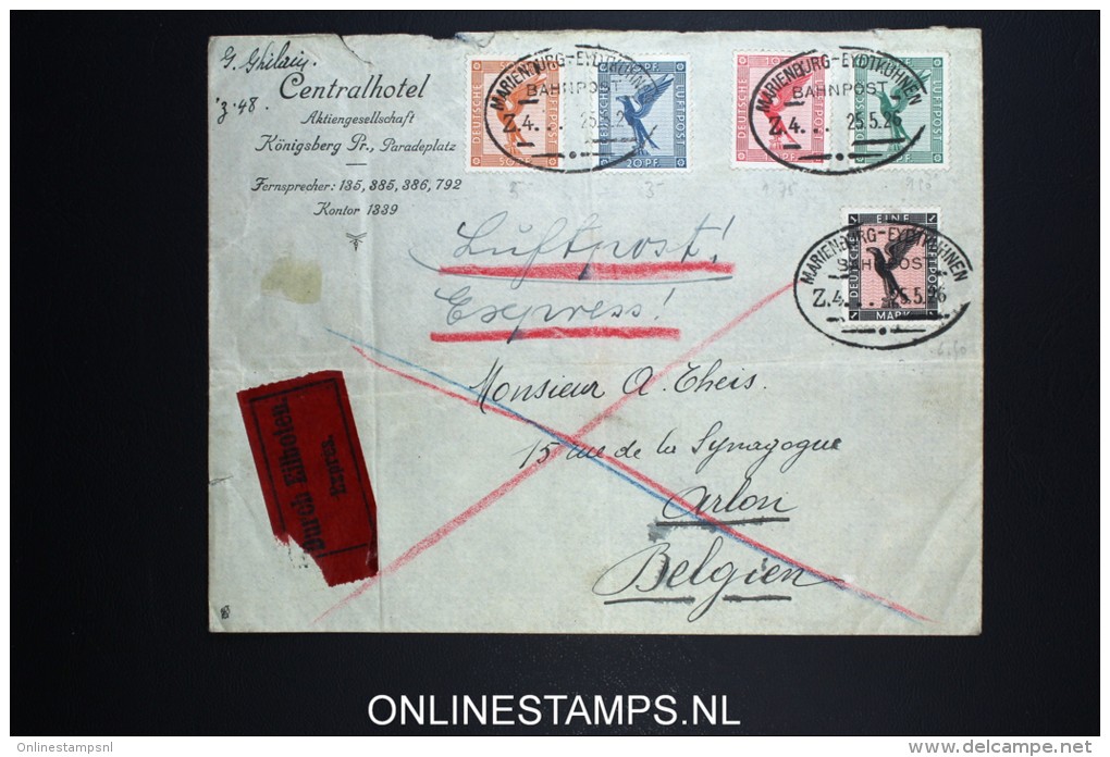 Deutsches Reich  Express Cover 1926 Köningsberg To Arlon Belgium Mixed Stamps Cancels Marienburg - Luft- Und Zeppelinpost