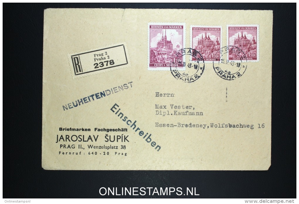 Deutsches Reich Böhmen &amp; Mahren Registered Cover Prag To Essen 1943 Mixed Stamps - Covers & Documents