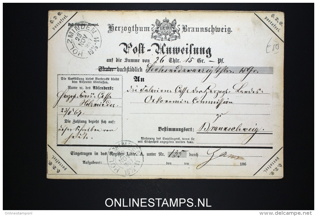 Deutsches Braunschweig: Post-Anweisung 1867, Money Order, Very Nice Cancels. - Braunschweig