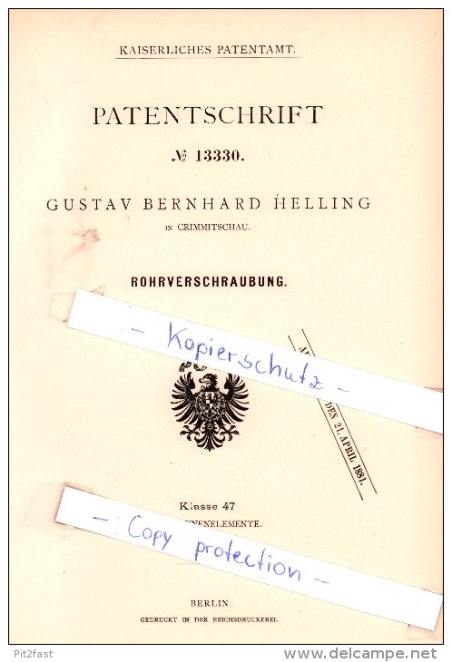 Original Patent - Gustav Bernhard Helling In Crimmitschau , 1880 , Rohrverschraubung !!! - Crimmitschau