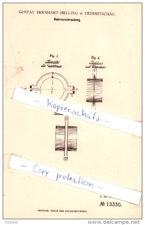 Original Patent - Gustav Bernhard Helling In Crimmitschau , 1880 , Rohrverschraubung !!! - Crimmitschau