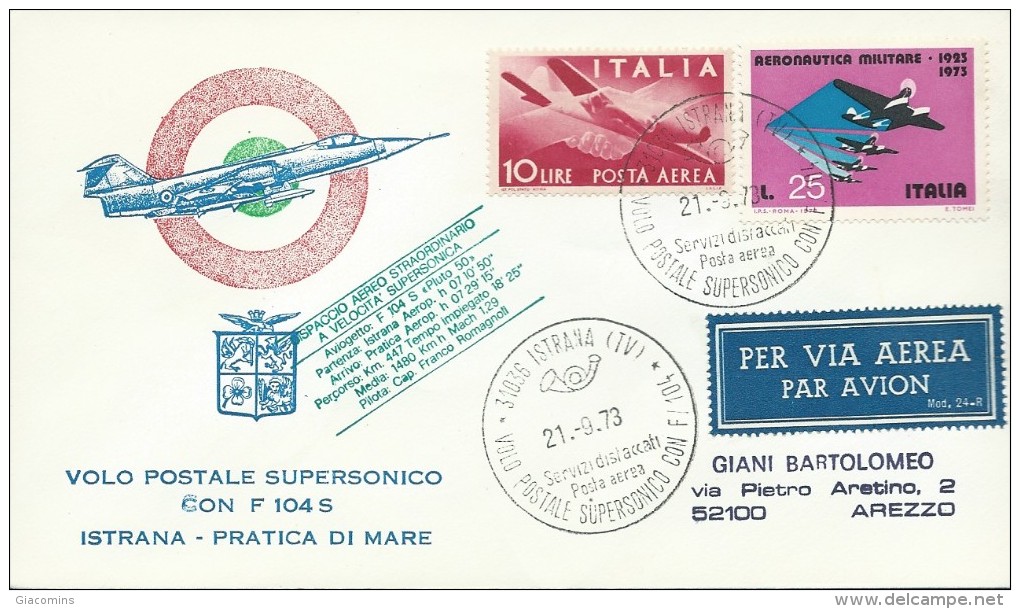 VOLO POSTALE SUPERSONICO CON F 104S -ISTRANA PRATICA DI MARE - DISPACCIO STRAORDINARIO  21-9-1973- - Altri & Non Classificati