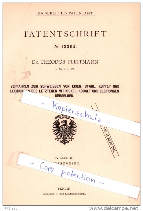 Original Patent - Dr. T. Fleitmann In Iserlohn , 1880 , Schweissen Von Eisen, Stahl, Kupfer Und Legierungen !!! - Iserlohn