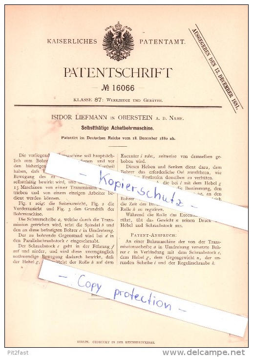 Original Patent - I. Liefmann In Oberstein A. D. Nahe , 1880 , Selbstthätige Achatbohrmaschine , Idar-Oberstein !!! - Idar Oberstein