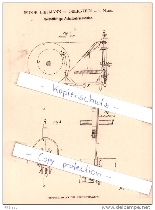 Original Patent - I. Liefmann In Oberstein A. D. Nahe , 1880 , Selbstthätige Achatbohrmaschine , Idar-Oberstein !!! - Idar Oberstein