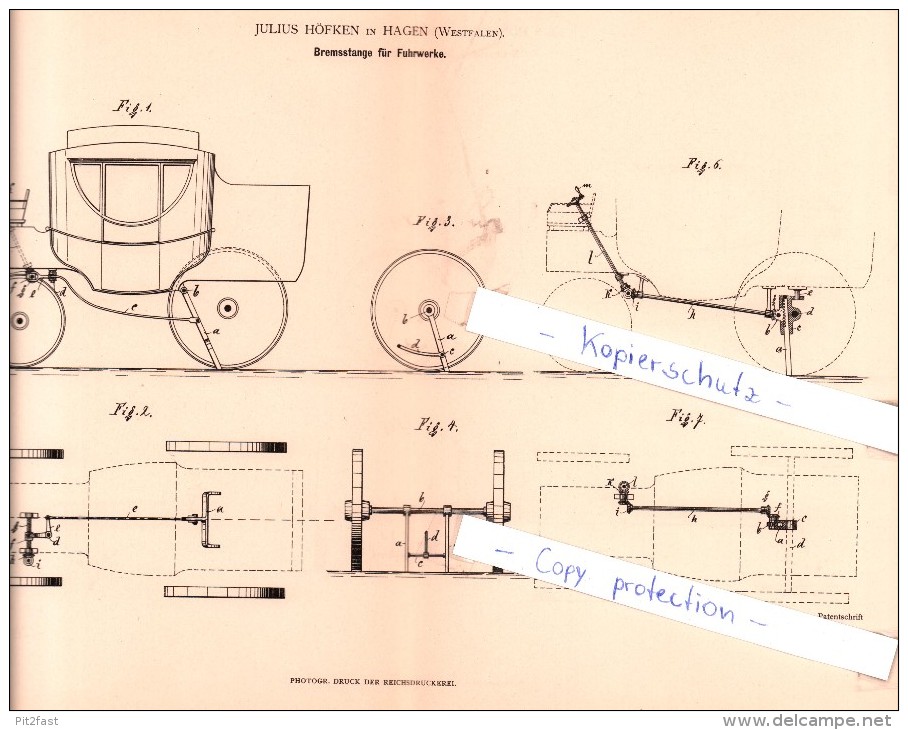 Original Patent - Julius Höfken In Hagen , Westfalen , 1881 , Bremsstange Für Fuhrwerke , Kutsche !!! - Hagen