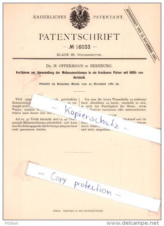 Original Patent - Dr. H. Oppermann In Bernburg , 1880 ,  Umwandlung Der Melassenschlempe  !!! - Bernburg (Saale)