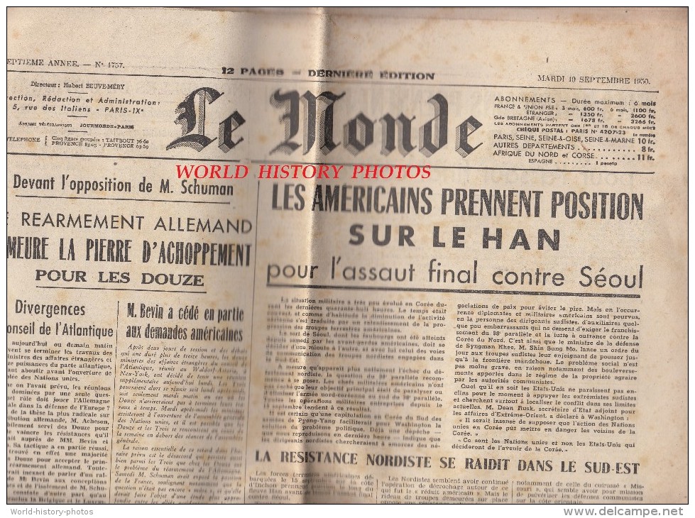 Journal Ancien - LE MONDE - 19 Septembre 1950 - Réarmement D'Allemagne - Guerre De Corée - Indochine - Nations Unis - 1950 - Today