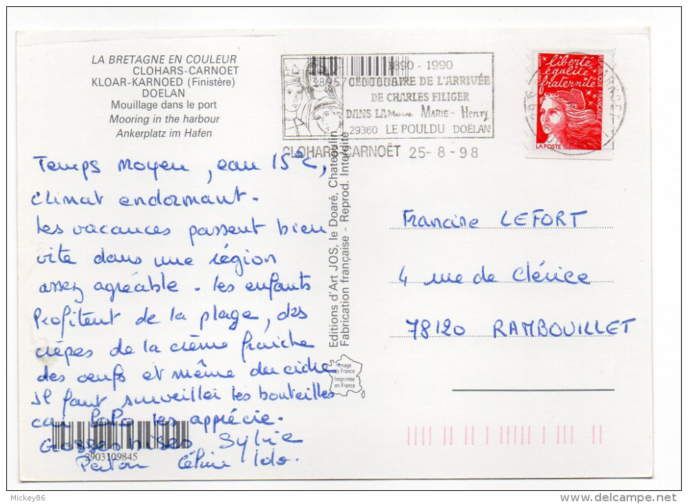 CLOHARS-CARNOET--1998--Mouillage Dans Le Port (bateaux) ,cpm  éd Jos--Beau Cachet Flamme LE POULDU DOELAN - Clohars-Carnoët
