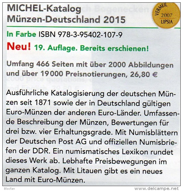 MICHEL Münzen Deutschland 2015 Neu 27€ D DR Ab 1871 III.Reich BRD Berlin DDR Numismatik Coin Catalogue 978-3-95402-107-9 - Material Und Zubehör