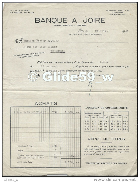 Avis D'opération Sur Compte De Mr Bocquet Victor De La Banque A. Joire - Fonds Publics - Change - Lille 24 Juin 1949 - Cheques En Traveller's Cheques