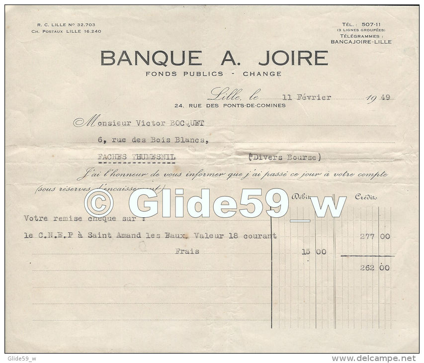 Remise De Chèque De Mr Bocquet Victor à La Banque A. Joire - Fonds Publics - Change - Lille 11 Février 1949 - Cheques En Traveller's Cheques