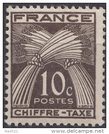 Timbre De France 1943 à 46  ' Yvert  67 ( Taxe )** MNH  '   10 C. Type Gerbes, Sépia - Neufs