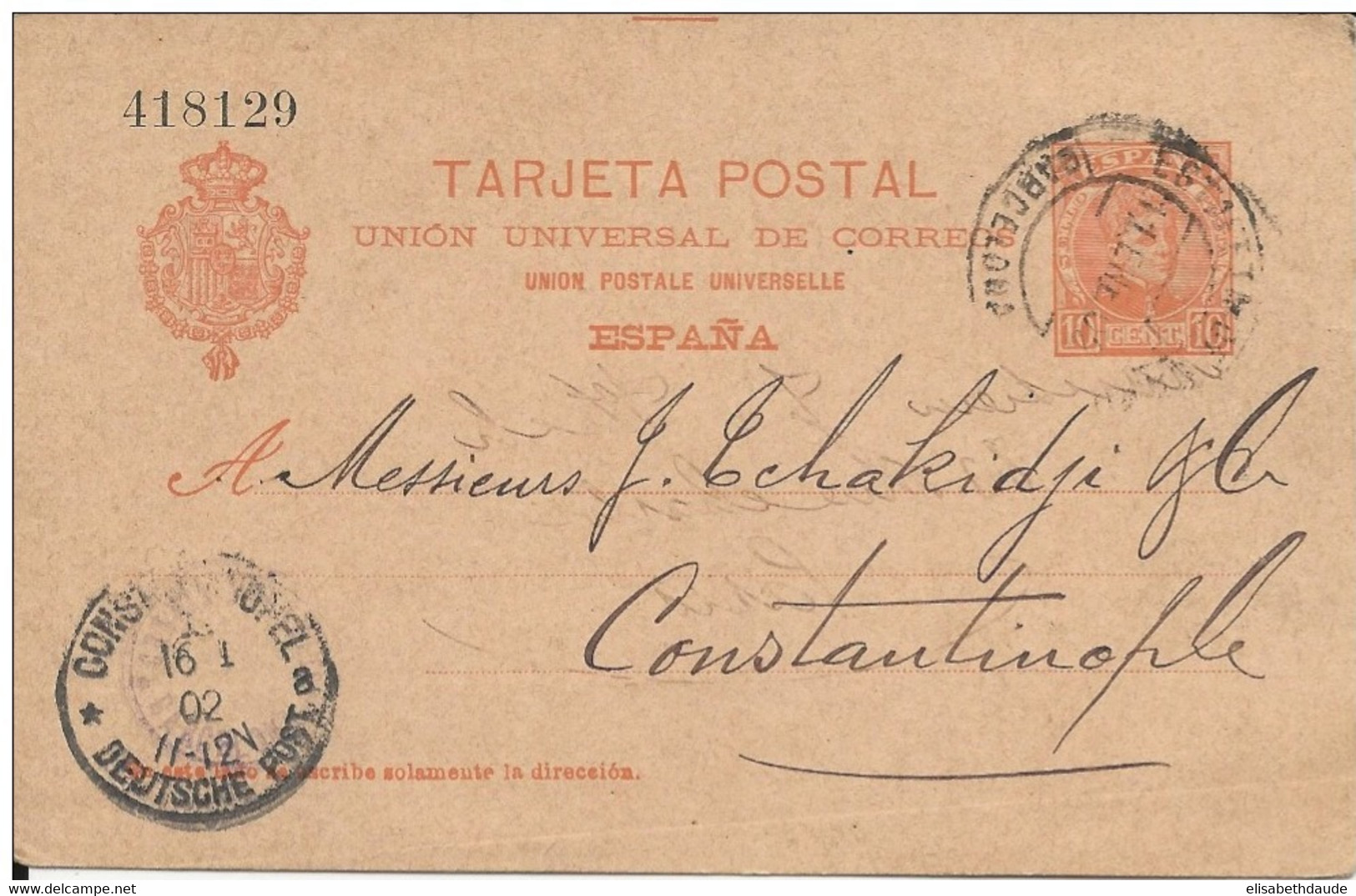 ESPAGNE - 1902 - CP ENTIER POSTAL De BARCELONA ESTAFETA ! => CONSTANTINOPLE (BUREAU ALLEMAND EN TURQUIE) !! - 1850-1931