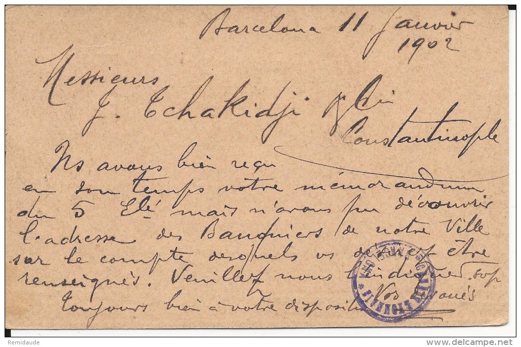 ESPAGNE - 1902 - CP ENTIER POSTAL De BARCELONA ESTAFETA ! => CONSTANTINOPLE (BUREAU ALLEMAND EN TURQUIE) !! - 1850-1931