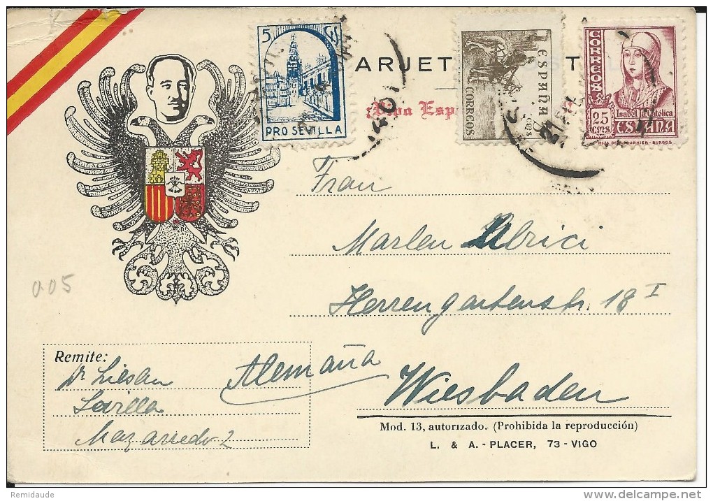 ESPAGNE - 1938 - CARTE De PROPAGANDE NATIONALISTE FRANCO Avec TIMBRE LOCAL De SEVILLA Pour WIESBADEN (ALLEMAGNE) - Storia Postale