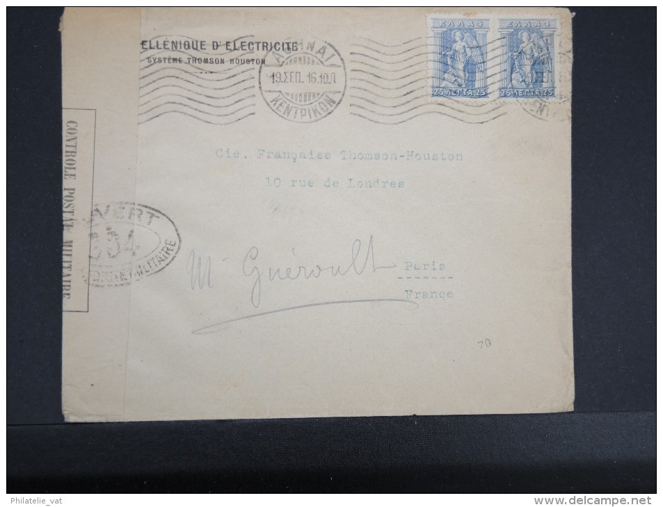 GRECE - LETTRE D ATHENES POUR PARIS EN 1916 AVEC CENSURE  MILITAIRE   POUR ETUDE  LOT P2502 - Storia Postale