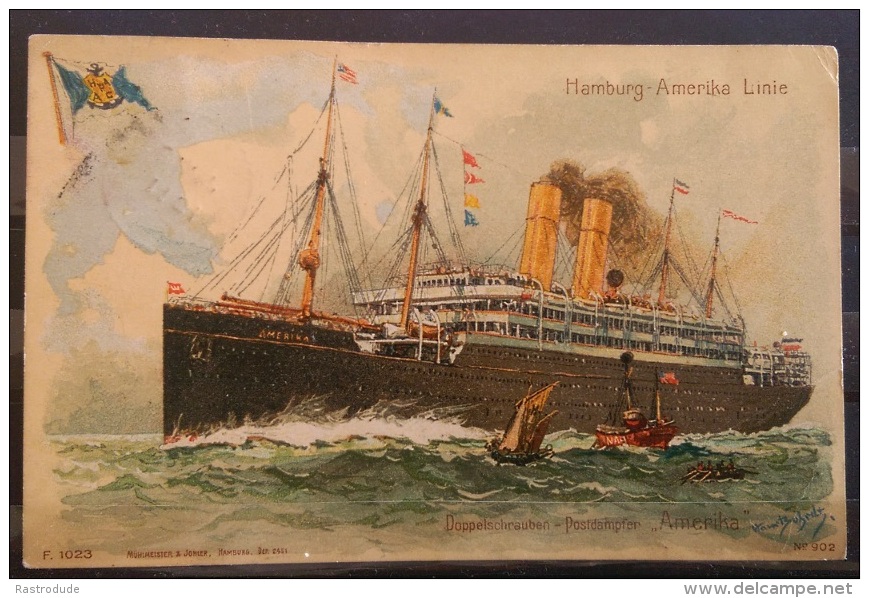 1911 U.S Seapost - Lithograph - Hamburg Amerika Linie - Postdampfer Amerika - Gebraucht - Ferries