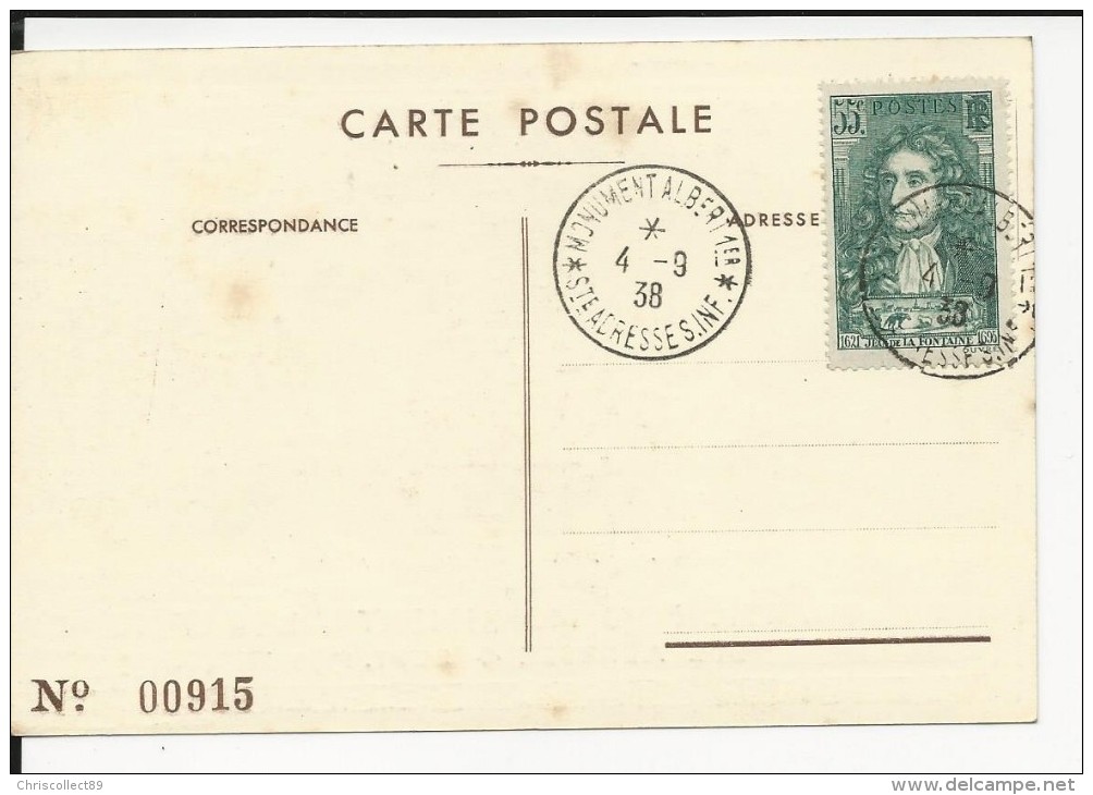 Carte Maximum -1er Jour - Inauguration Du Monument Albert 1er  4/09/1938 Guerre 14/18 ( Jean De La Fontaine 55 C ) - Commemorative Postmarks