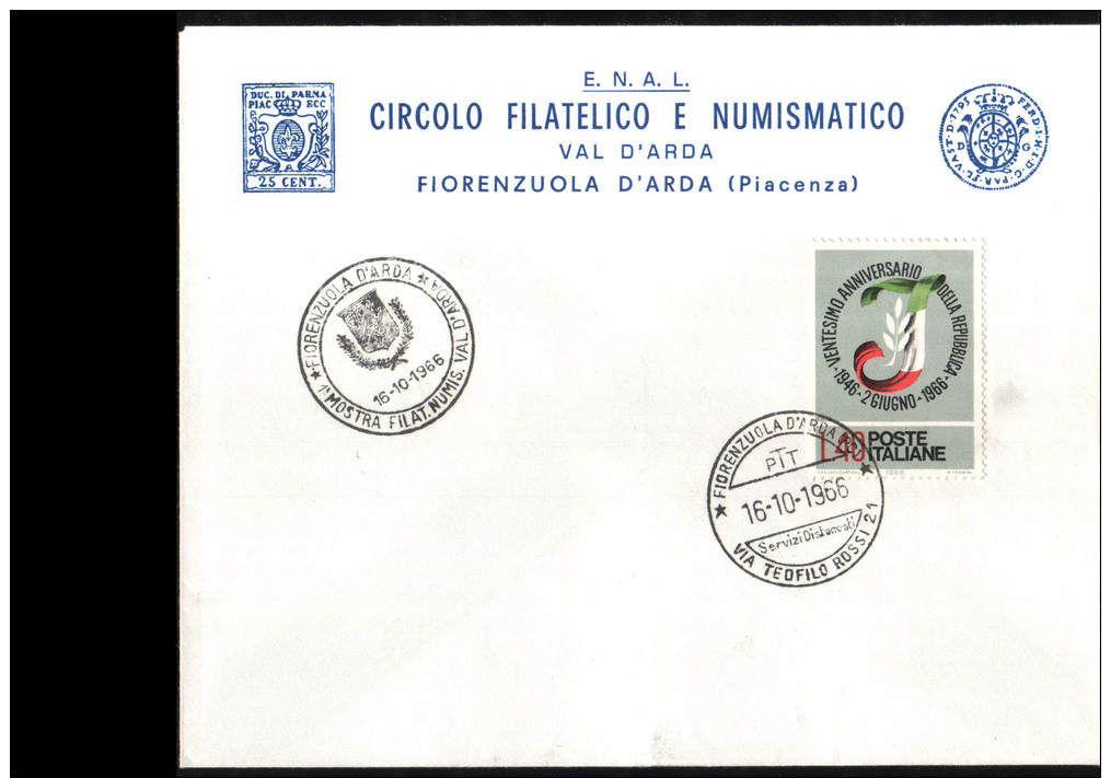 16-10-1966 ANNULLO SPECIALE 1° MOSTRA FILATELICA NUMISMATICA VAL D'ARDA FIORENZUOLA 29017 PIACENZA BUSTA - Expositions Philatéliques