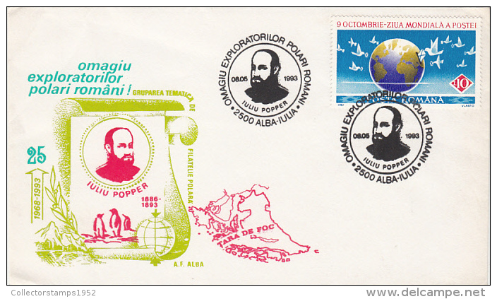 14384- IULIU POPPER, POALR EXPLORER, TIERRA DEL FUEGO, PENGUINS, SPECIAL COVER, 1993, ROMANIA - Poolreizigers & Beroemdheden