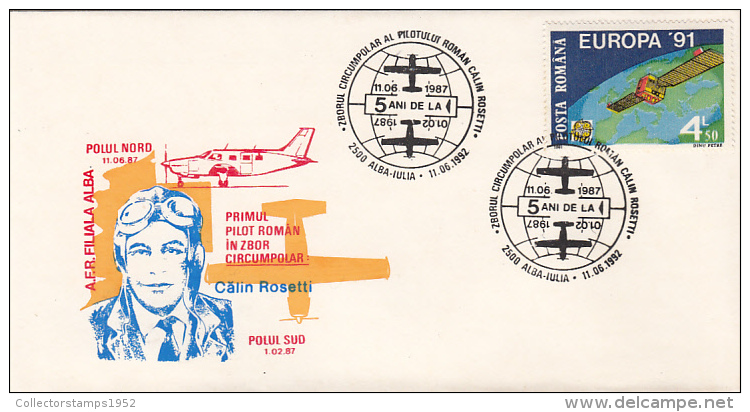 1193FM- CALIN ROSETTI, FIRST ROMANIAN CIRCUMPOLAR FLOGHT, PLANE, SPECIAL COVER, 1987, ROMANIA - Poolvluchten