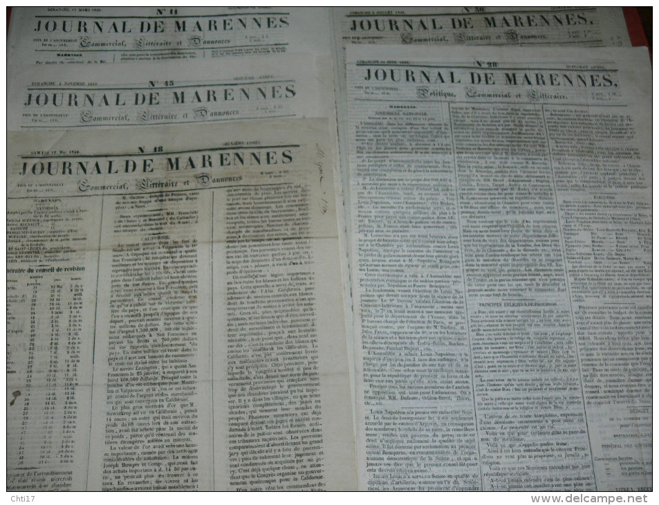 MARENNES  1848 /1849 / 1850 / JOURNAL LOT 5 NUMEROS / FEUILLE COMMERCIALE / AFFICHES ET LITTERAIRE - 1800 - 1849