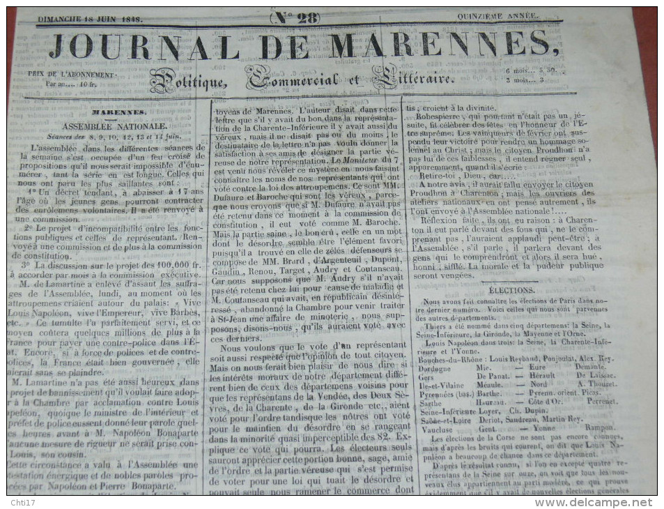 MARENNES  1848 /1849 / 1850 / JOURNAL LOT 5 NUMEROS / FEUILLE COMMERCIALE / AFFICHES ET LITTERAIRE - 1800 - 1849