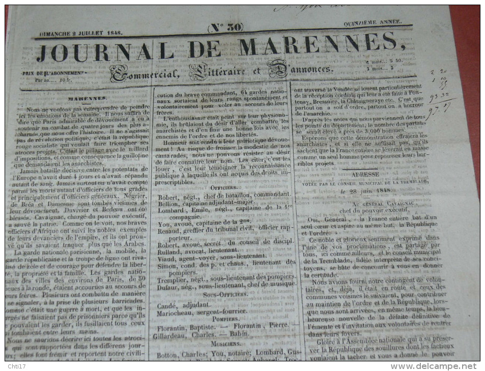 MARENNES  1848 /1849 / 1850 / JOURNAL LOT 5 NUMEROS / FEUILLE COMMERCIALE / AFFICHES ET LITTERAIRE - 1800 - 1849