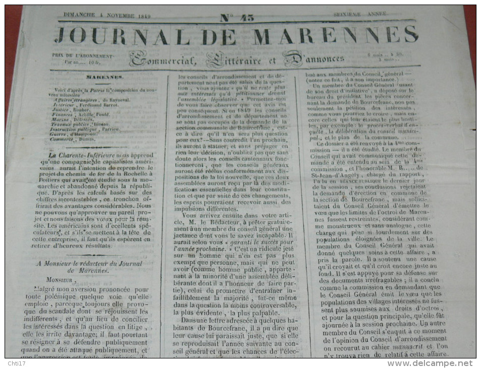 MARENNES  1848 /1849 / 1850 / JOURNAL LOT 5 NUMEROS / FEUILLE COMMERCIALE / AFFICHES ET LITTERAIRE