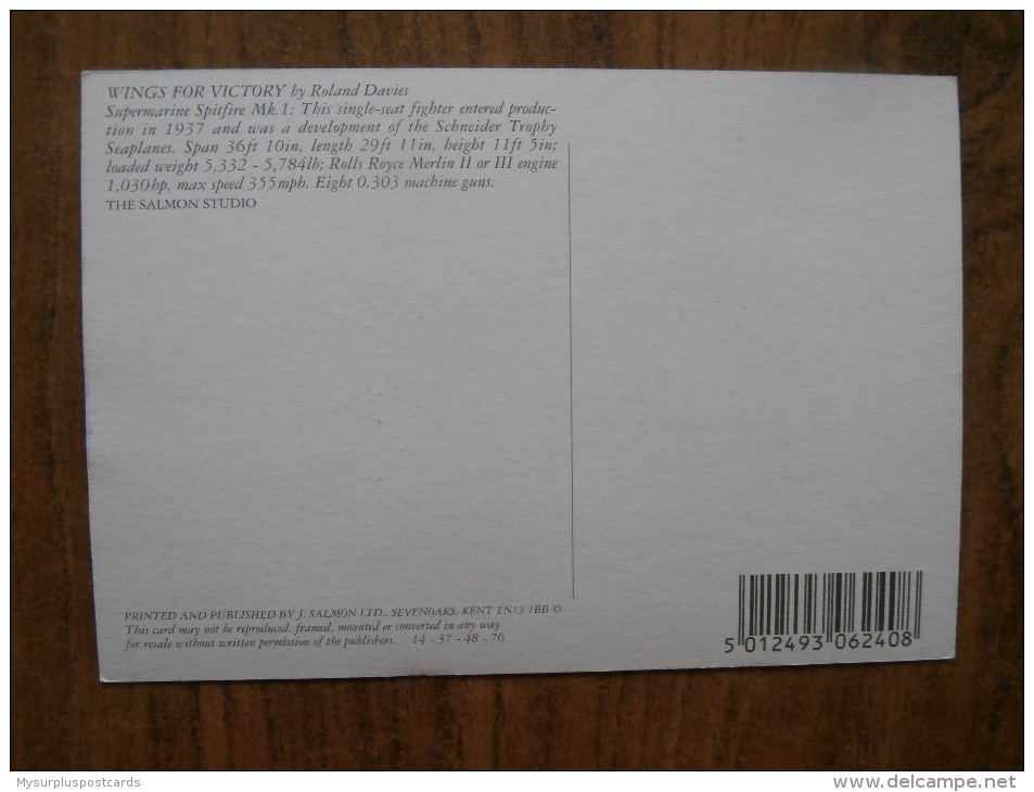 41973 PC: TRANSPORT: AVIATION: WINGS FOR VICTORY By Roland Davies. Supermarine Spitfire Mk.1. Single Seater Fighter. - 1939-1945: 2nd War