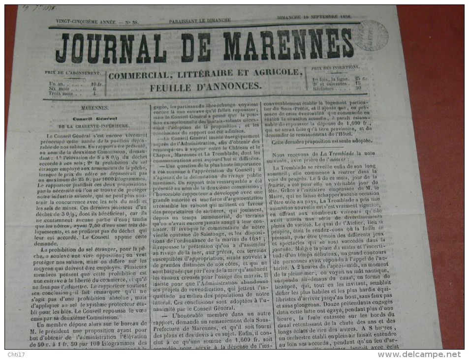 MARENNES   / 1857 /  1858 /1860 /  JOURNAL LOT 5 NUMEROS / FEUILLE COMMERCIALE / AFFICHES ET LITTERAIRE - 1800 - 1849