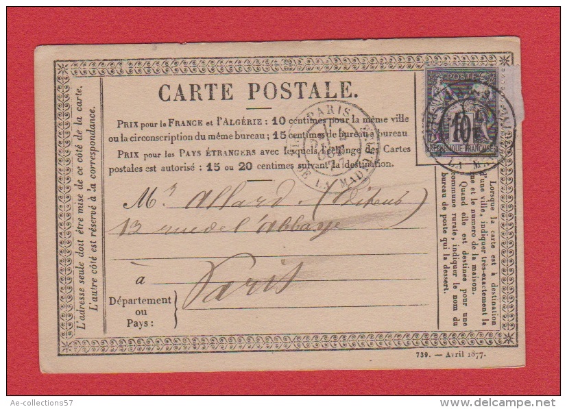 Carte Postale  ---   De Parist     --   Pour Paris      ---  4 Oct 1877 - Cartes Précurseurs