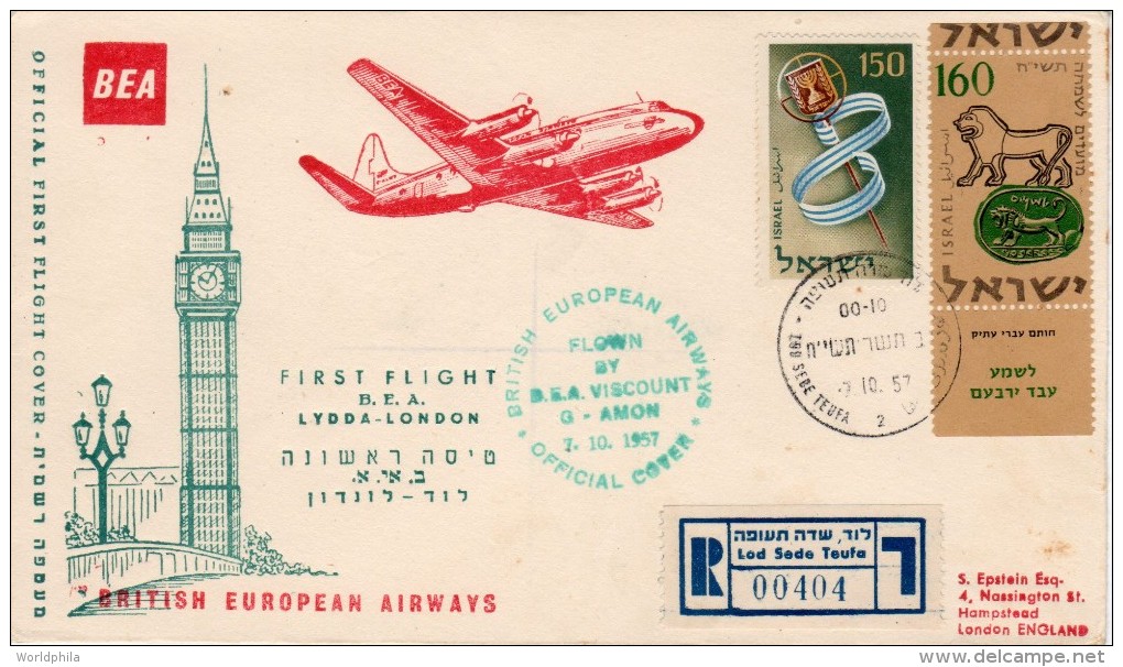 Israel-England 1957 Registered FFC / Erstflugbrief "BEA-Viscount" BEA 1 - Airmail