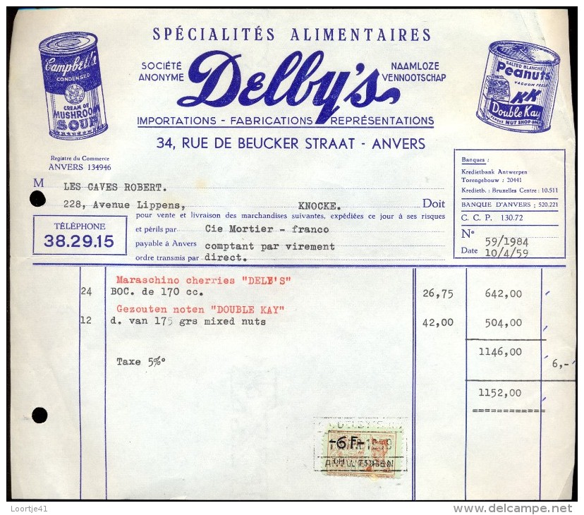 Faktuur Facture - Alimentation Voeding Delby´s - Antwerpen 1959 - Lebensmittel