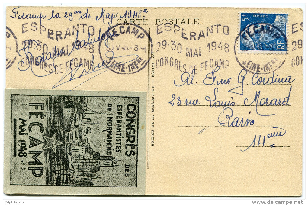 FRANCE THEME ESPERANTO CARTE POSTALE AVEC VIGNETTE ESPERANTO + OBLITERATION AVEC FLAMME ESPERANTO 29-30 MAI 1948..FECAMP - Esperanto