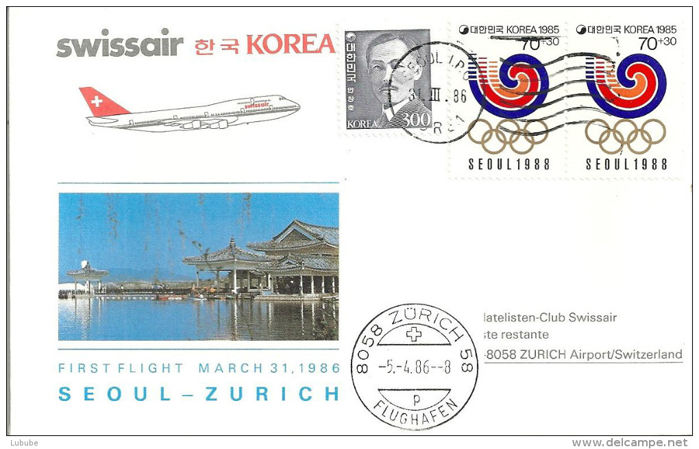 Luftpost  "Swissair Erstflug  Seoul - Zürich"                1986 - Primeros Vuelos