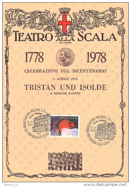 BICENTENARIO TEATRO ALLA SCALA MILANO 1778 / 1978 - 5 APRILE - TRISTAN UND ISOLDE DI RICHARD WAGNER SU CARTONCINO - Teatro