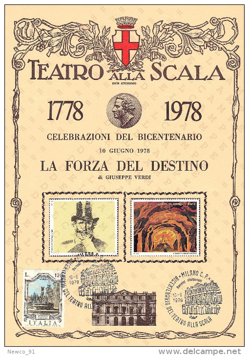 BICENTENARIO TEATRO ALLA SCALA MILANO 1778 / 1978 - 10 GIUGNO 1978 - LA FORZA DEL DESTINO DI GIUSEPPE VERDI - CARTONCINO - Teatro