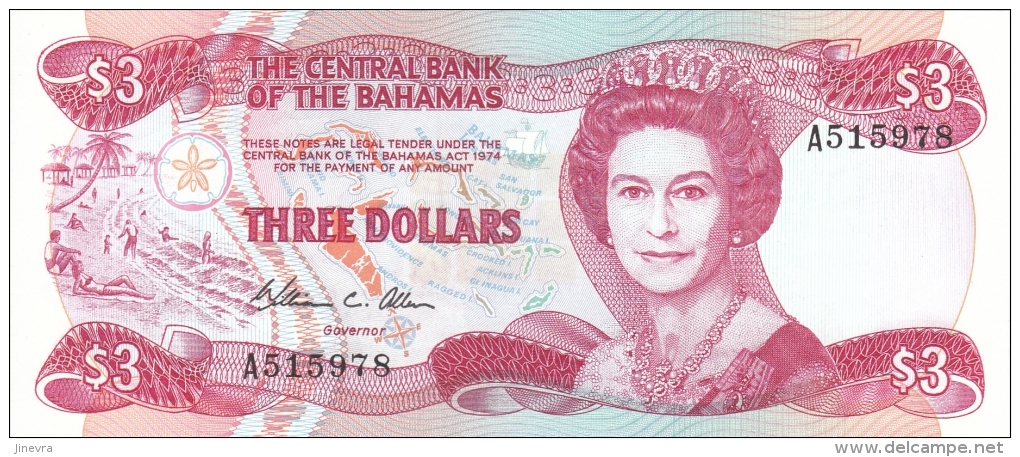 BAHAMAS 3 DOLLARS 1984 PICK 44 UNC - Bahama's