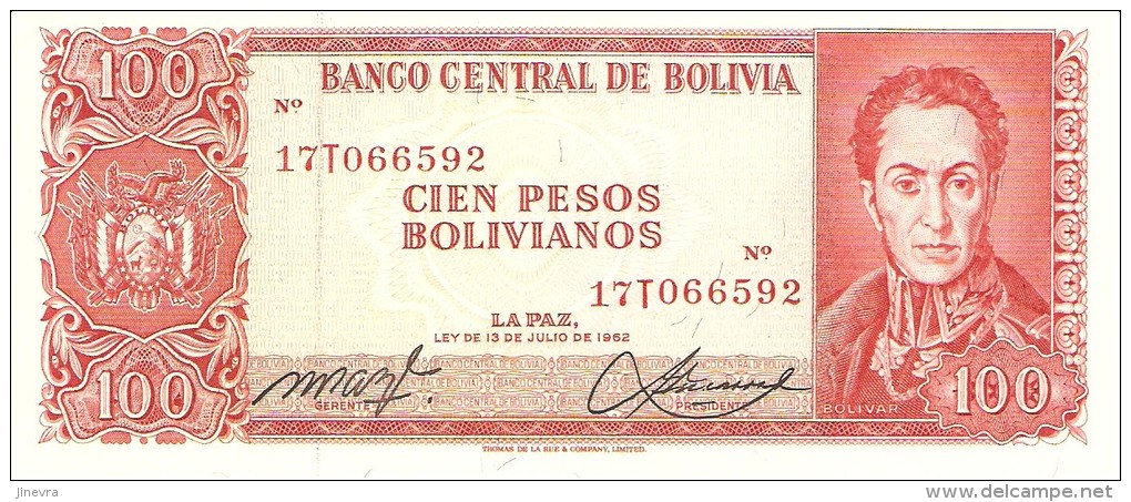 BOLIVIA 100 PESOS BOLIVANOS 1962 PICK 164A UNC - Bolivia