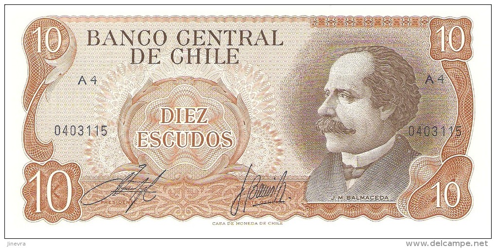 CHILE 10 ESCUDOS 1967/76 PICK 143 UNC - Chile